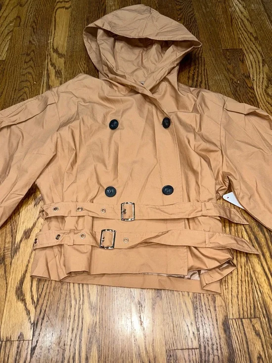 Cropped Double-Breasted Belted Trench Jacket with Hood- Camel - Picture 3 of 10